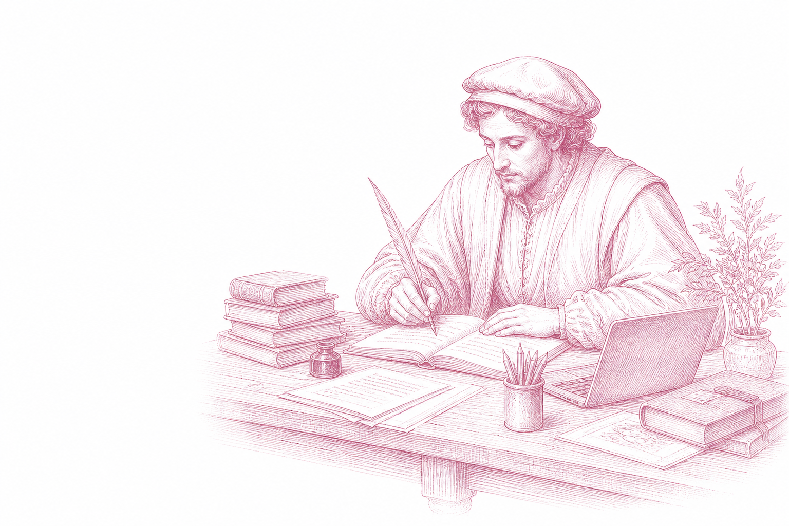 Renaissance-style rose engraving of scholars collaborating with books, notes, and a laptop